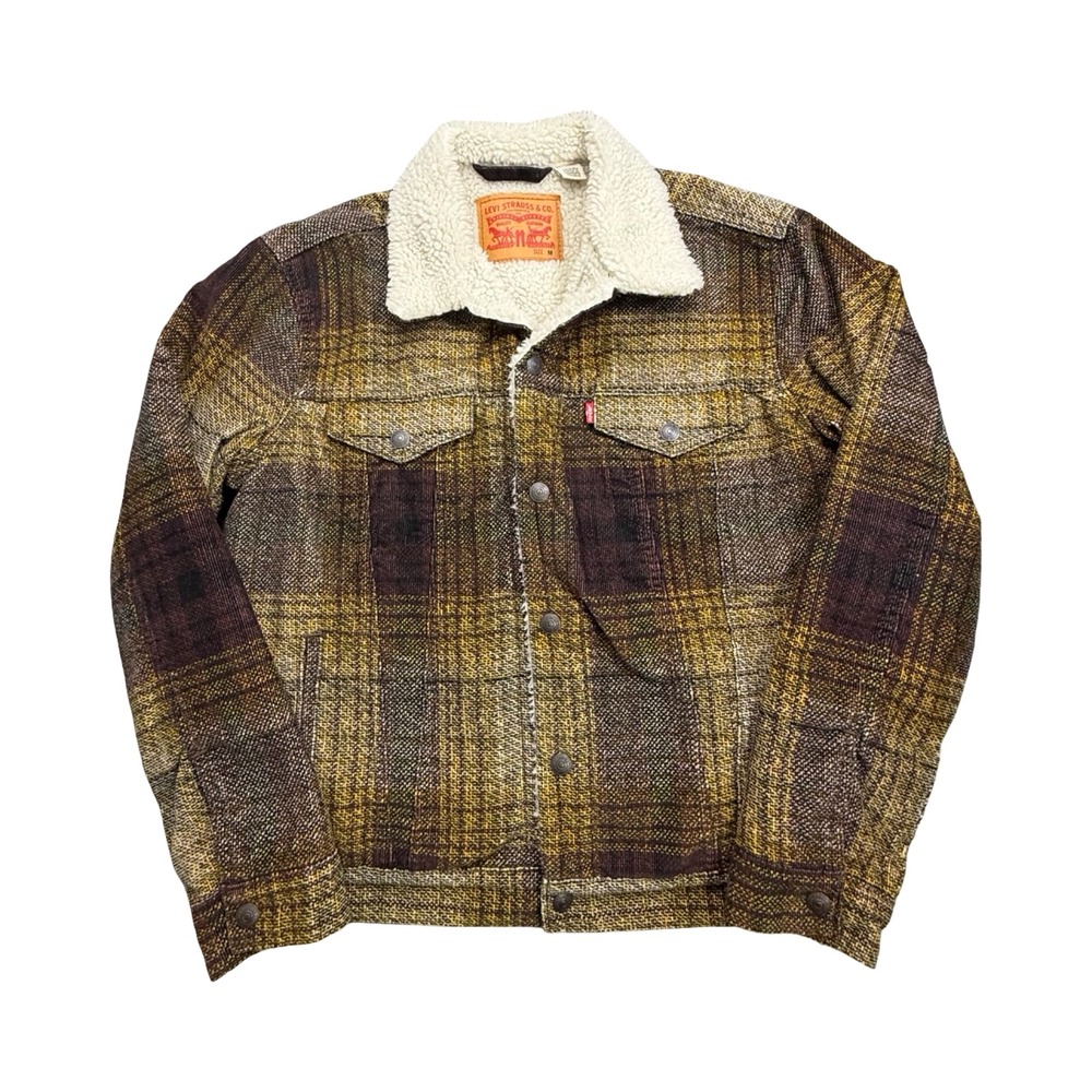 Levis Sherpa Trucker Jacket Mens M Brown Plaid Heavy Weave Western